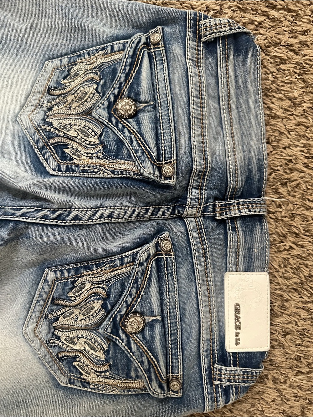 Grace in LA Light Blue Embroidered Pocket Boot Cut Jeans